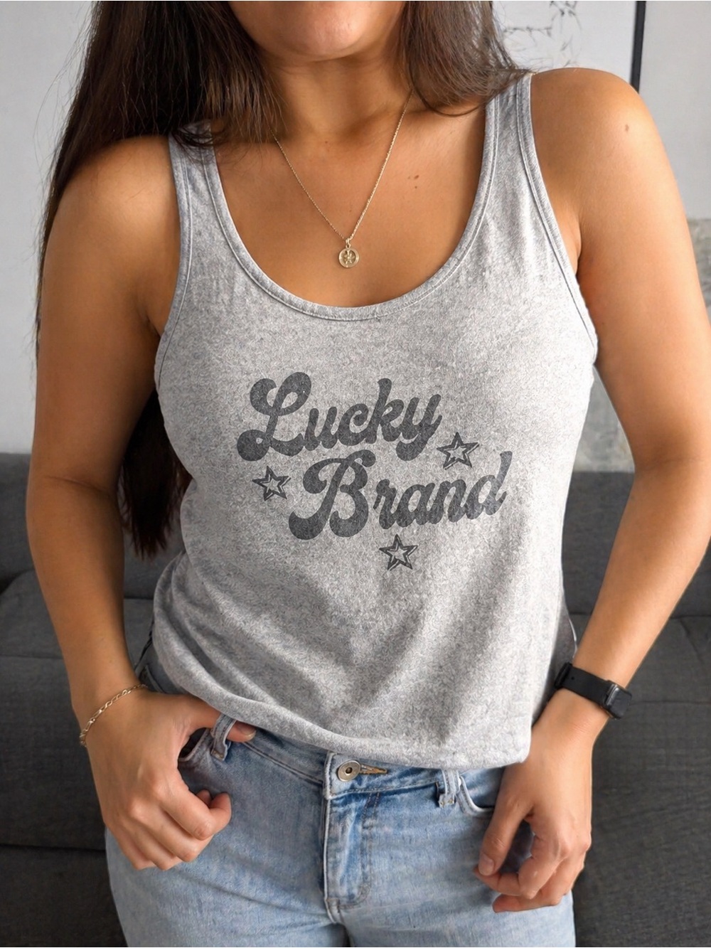 Lucky Brand Heather Gray Logo Scoop Tank